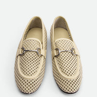 River Beige Perforated Leather Loafers with Metal Buckle - Top View - POEVE Collection