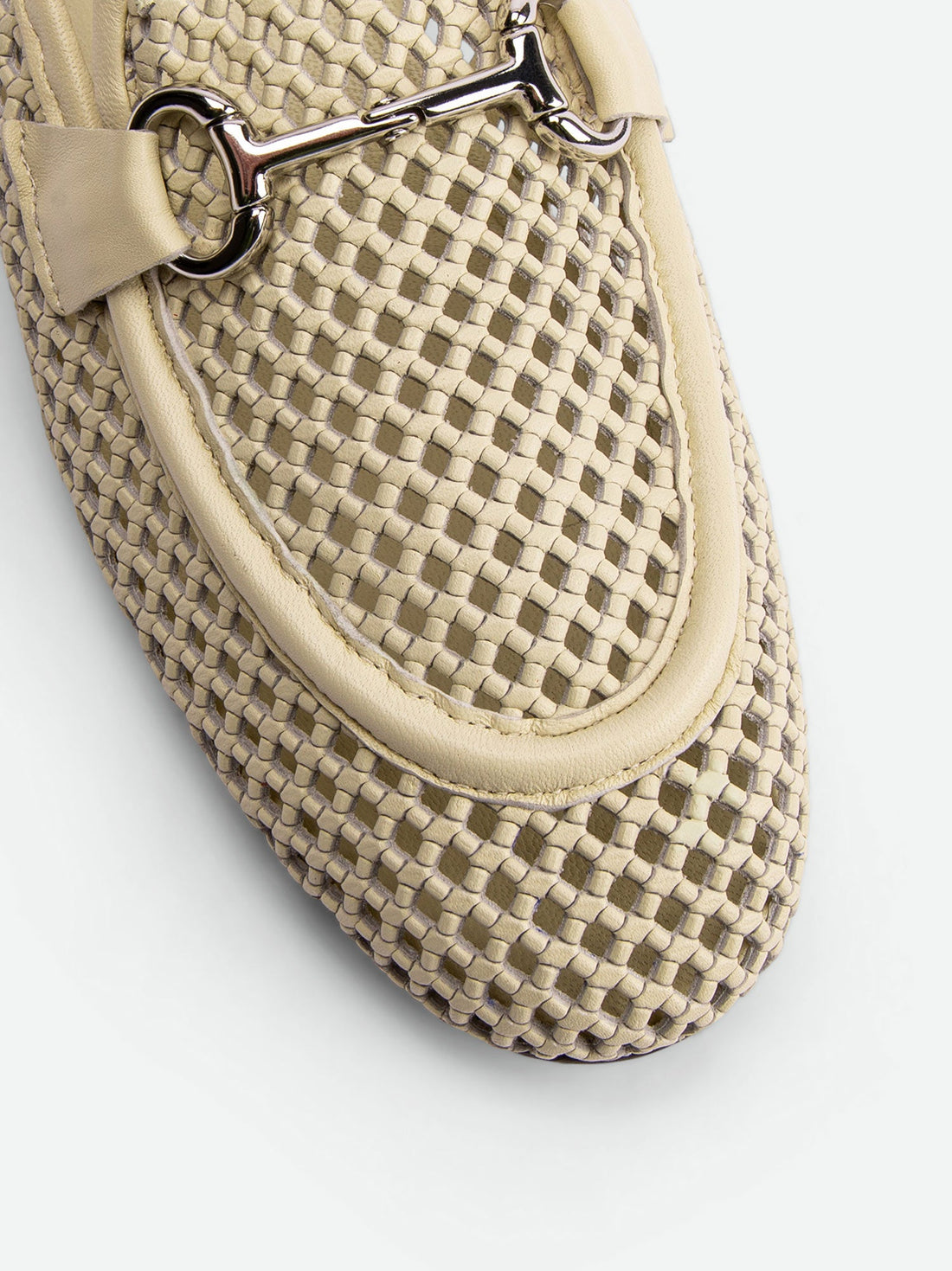 River Beige Perforated Leather Loafers with Metal Buckle - Toe Close-up View - POEVE Collection