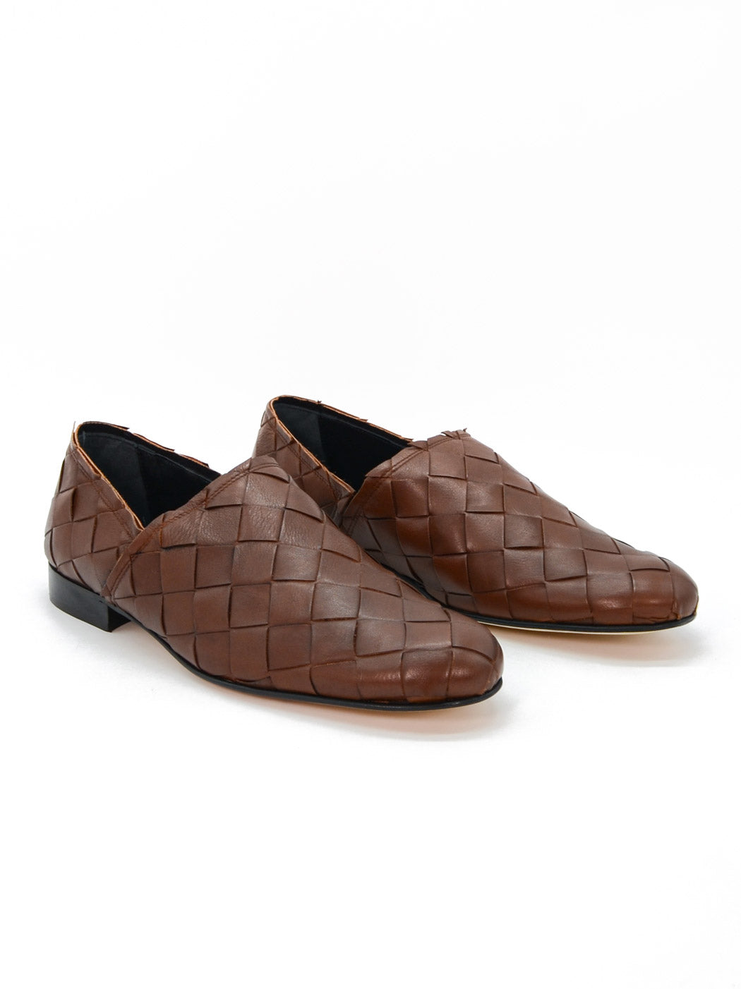 Sand Brown Hand-Woven Leather Loafers - Angled Side View - POEVE Collection