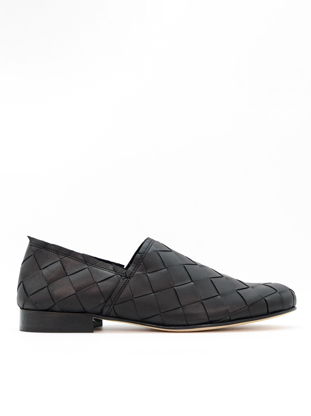 Sand Black Hand-Woven Leather Loafers - Side View - POEVE Collection