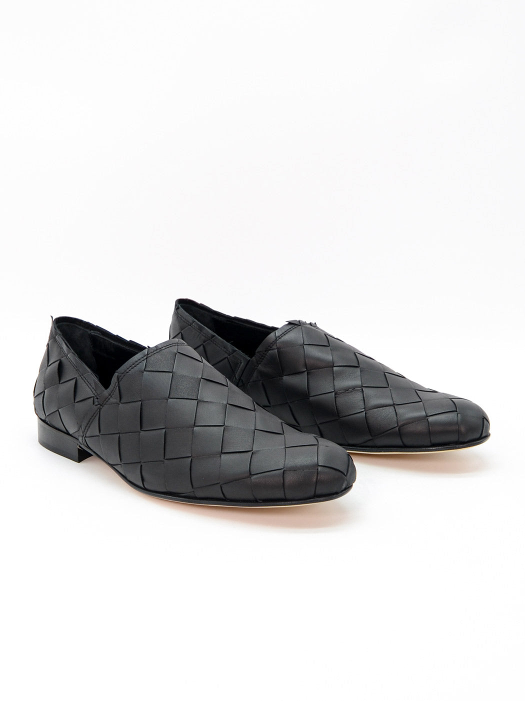 Sand Black Hand-Woven Leather Loafers - Angled Side View - POEVE Collection