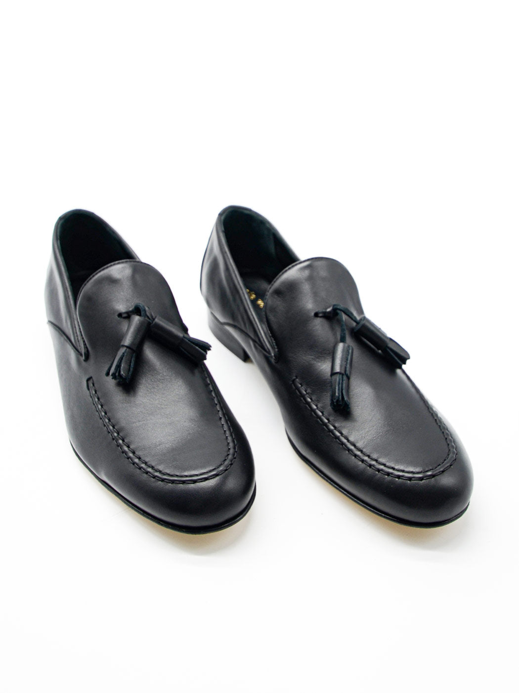 Aidan Black Leather Loafers with Leather Tassel - Angled Side View - POEVE Collection