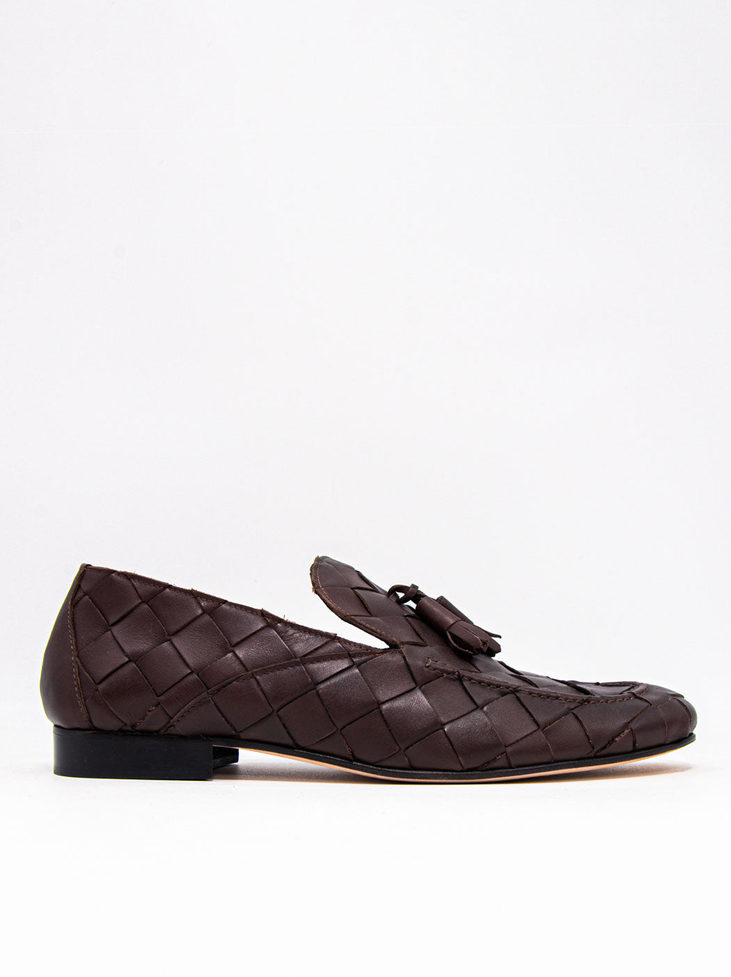 Aidan Coffee Woven Leather Loafers with Leather Tassel - Side View - POEVE Collection