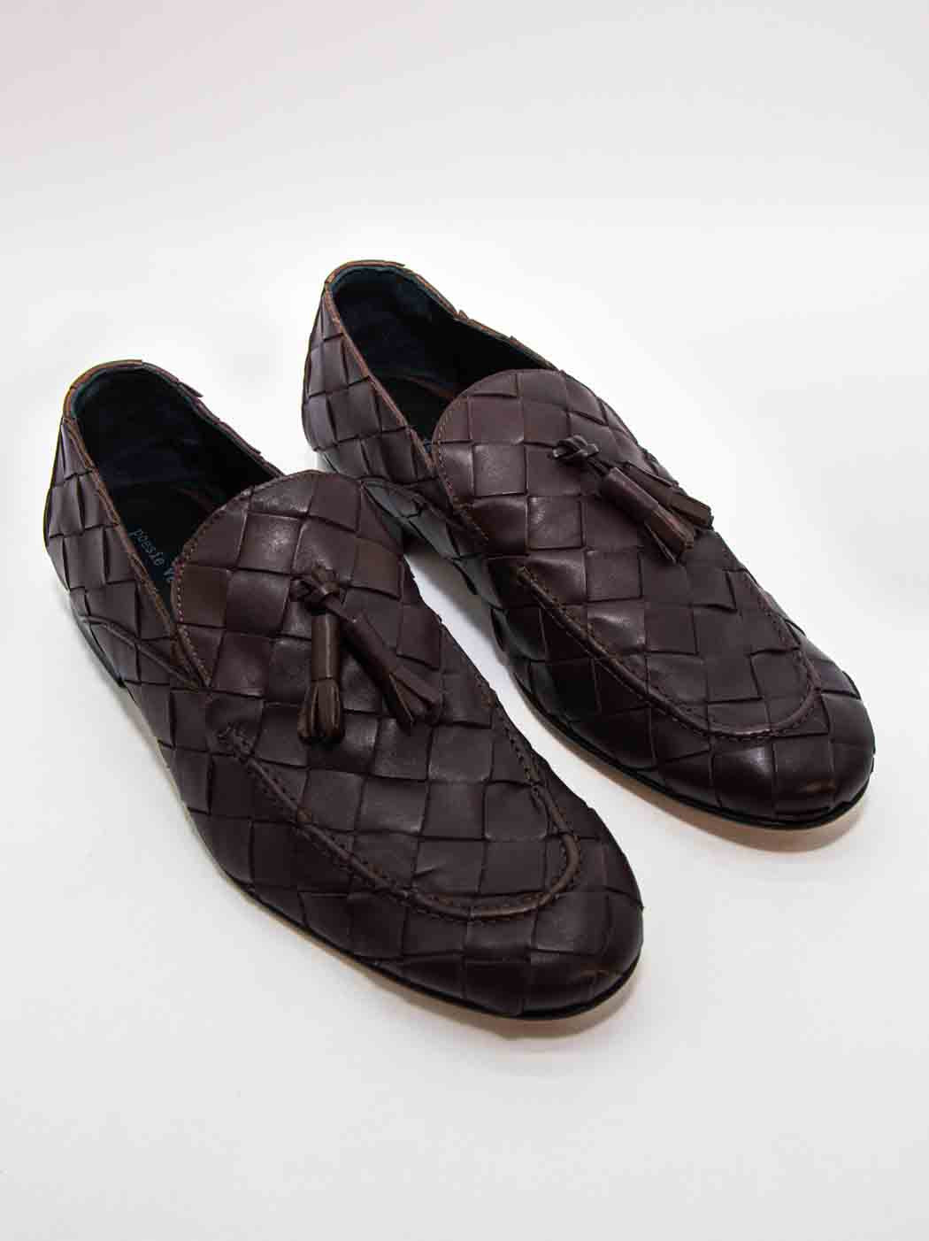 Aidan Coffee Woven Leather Loafers with Leather Tassel - Angled Side View - POEVE Collection