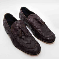 Aidan Coffee Woven Leather Loafers with Leather Tassel - Angled Side View - POEVE Collection