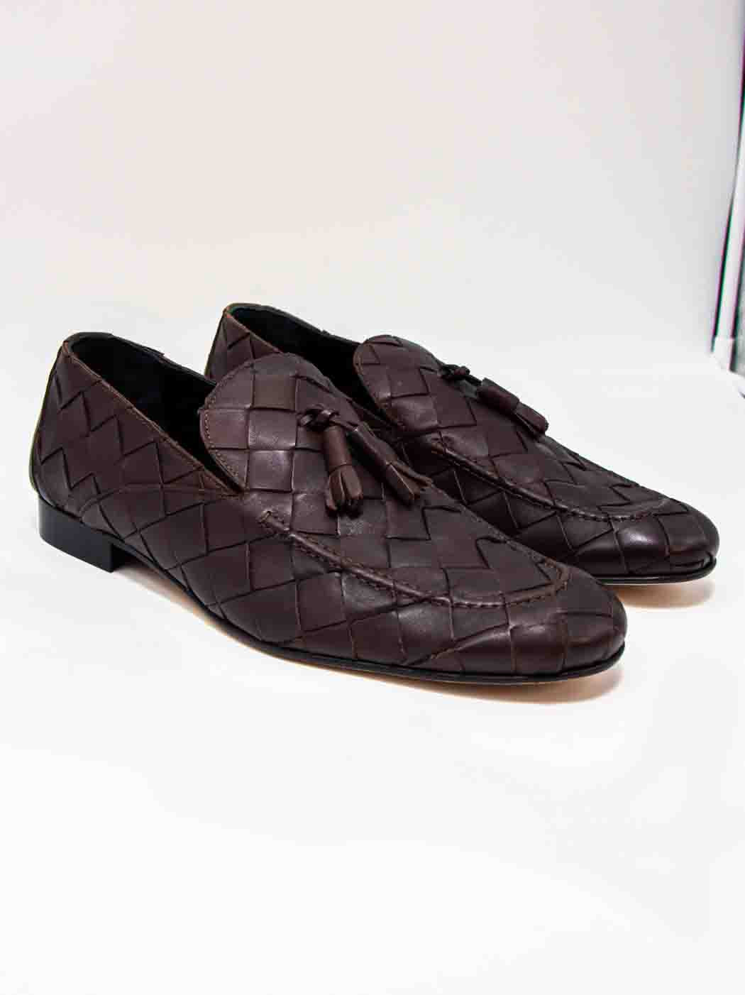 Aidan Coffee Woven Leather Loafers with Leather Tassel - Three-Quarters View - POEVE Collection