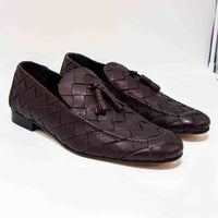 Aidan Coffee Woven Leather Loafers with Leather Tassel - Three-Quarters View - POEVE Collection
