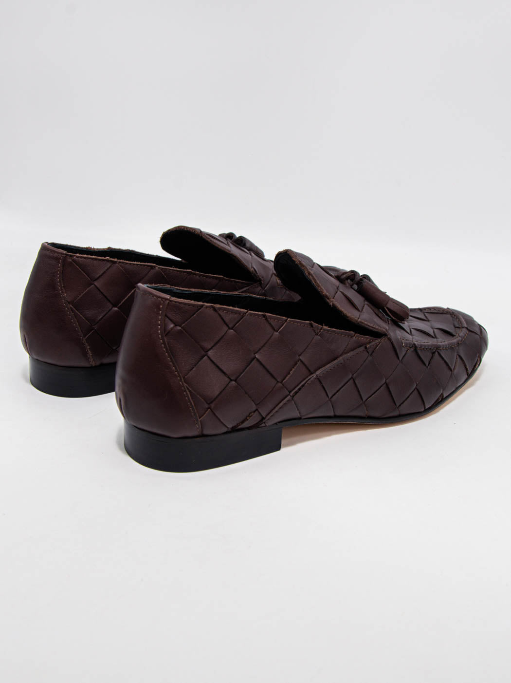 Aidan Coffee Woven Leather Loafers with Leather Tassel - Back View - POEVE Collection
