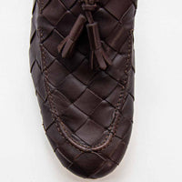 Aidan Coffee Woven Leather Loafers with Leather Tassel - Toe Close-up View - POEVE Collection