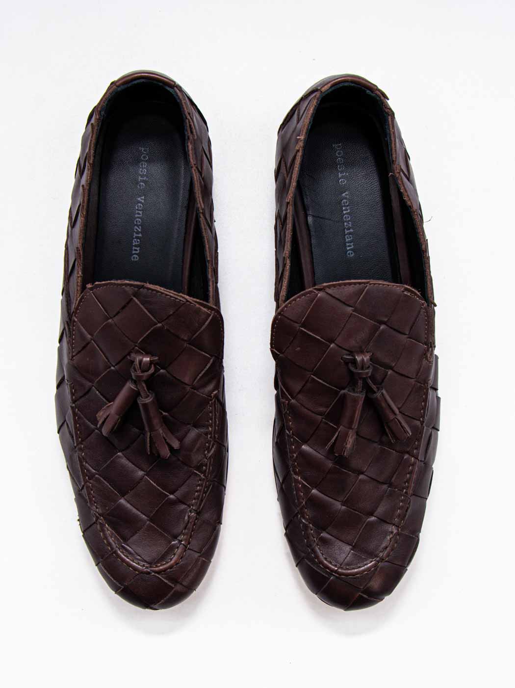 Aidan Coffee Woven Leather Loafers with Leather Tassel - Top View - POEVE Collection