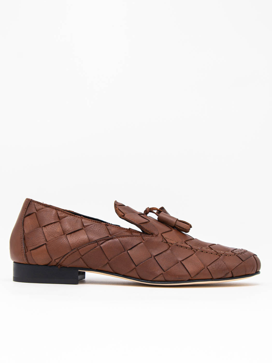 Aidan Cognac Woven Leather Loafers with Leather Tassel - Side View - POEVE Collection