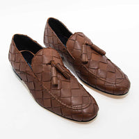 Aidan Cognac Woven Leather Loafers with Leather Tassel - Angled Side View - POEVE Collection