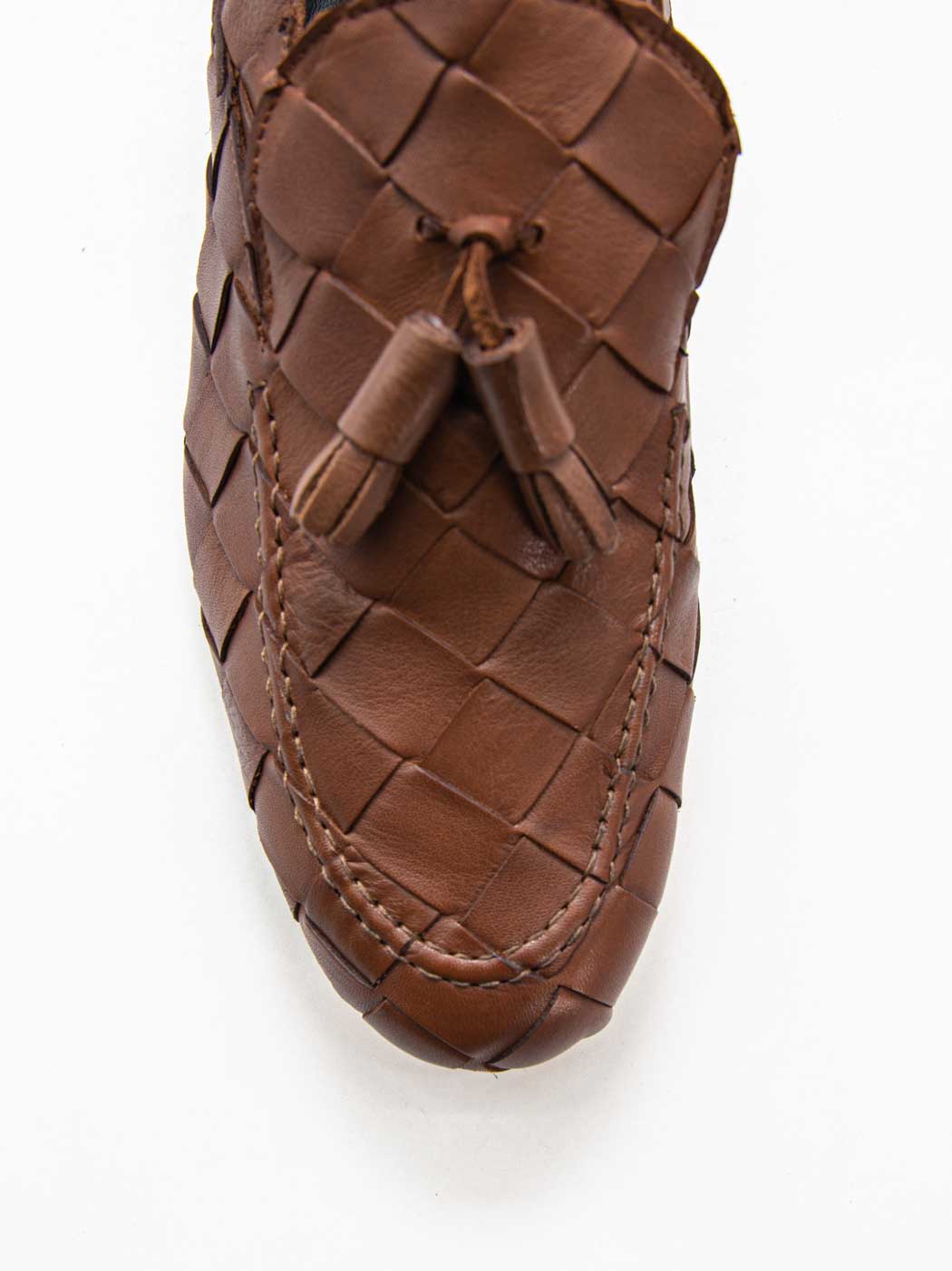 Aidan Cognac Woven Leather Loafers with Leather Tassel - Toe Close-up View - POEVE Collection