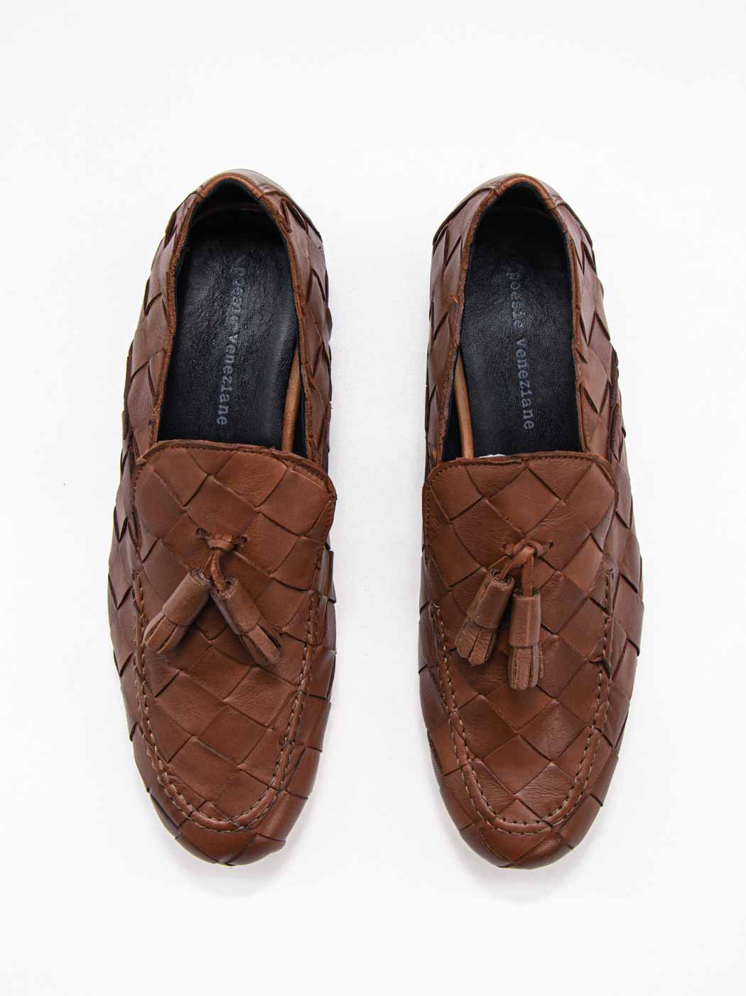 Aidan Cognac Woven Leather Loafers with Leather Tassel - Top View - POEVE Collection