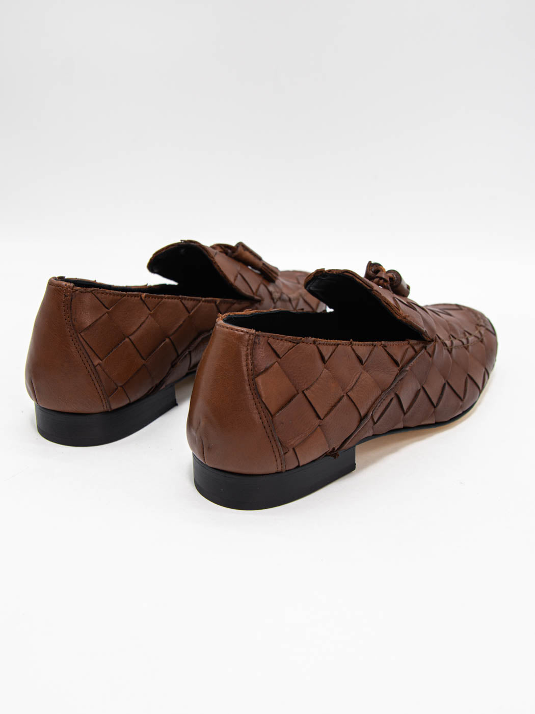Aidan Cognac Woven Leather Loafers with Leather Tassel - Back View - POEVE Collection