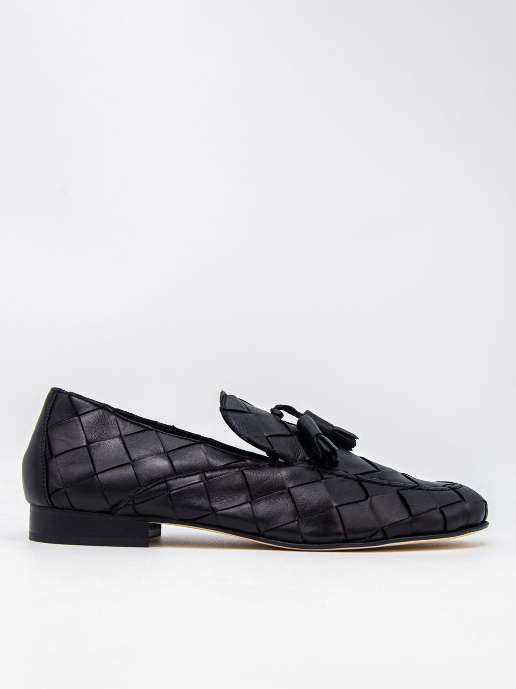 Aidan Black Woven Leather Loafers with Leather Tassel - Side View - POEVE Collection
