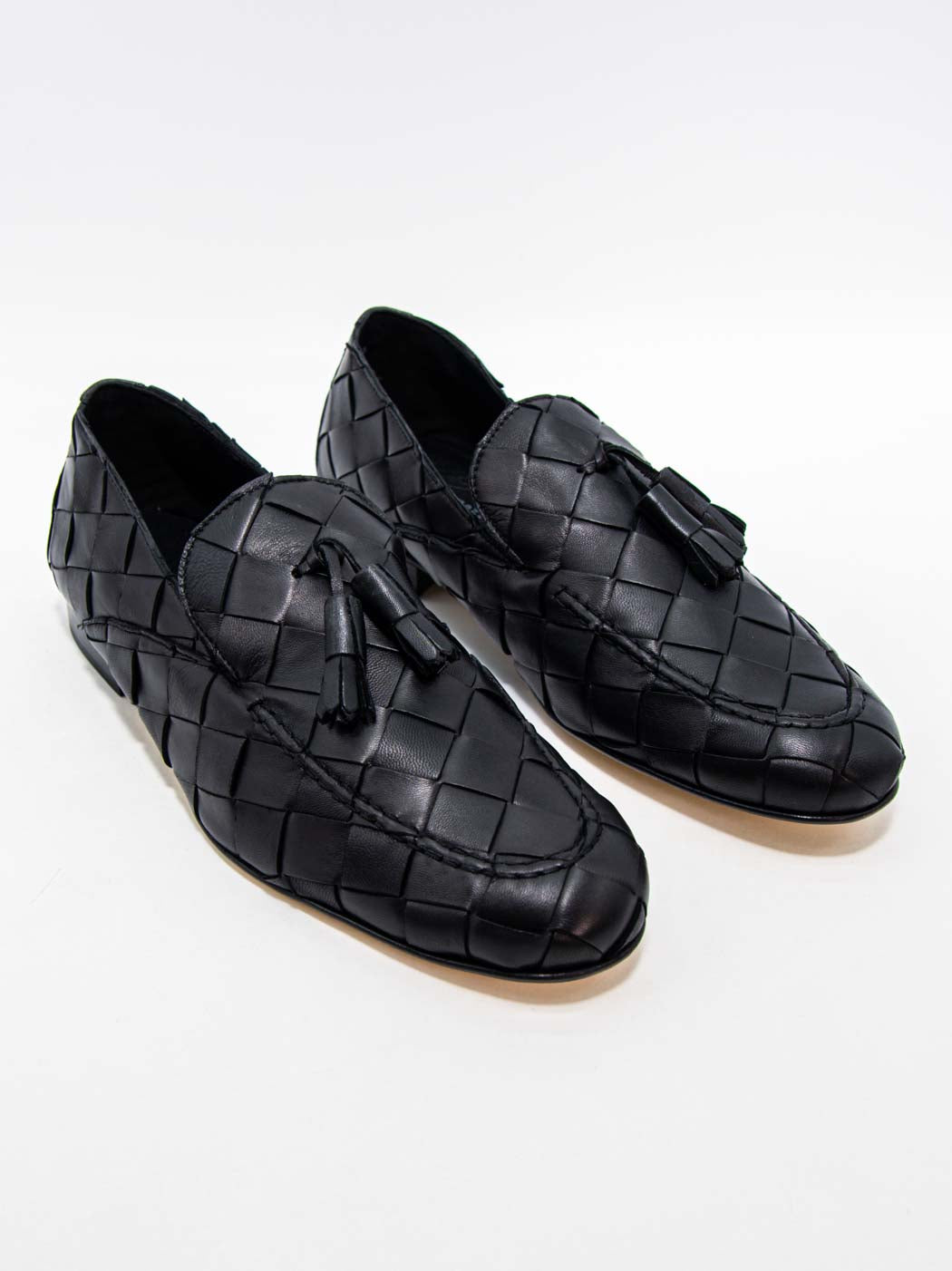 Aidan Black Woven Leather Loafers with Leather Tassel - Angled Side View - POEVE Collection