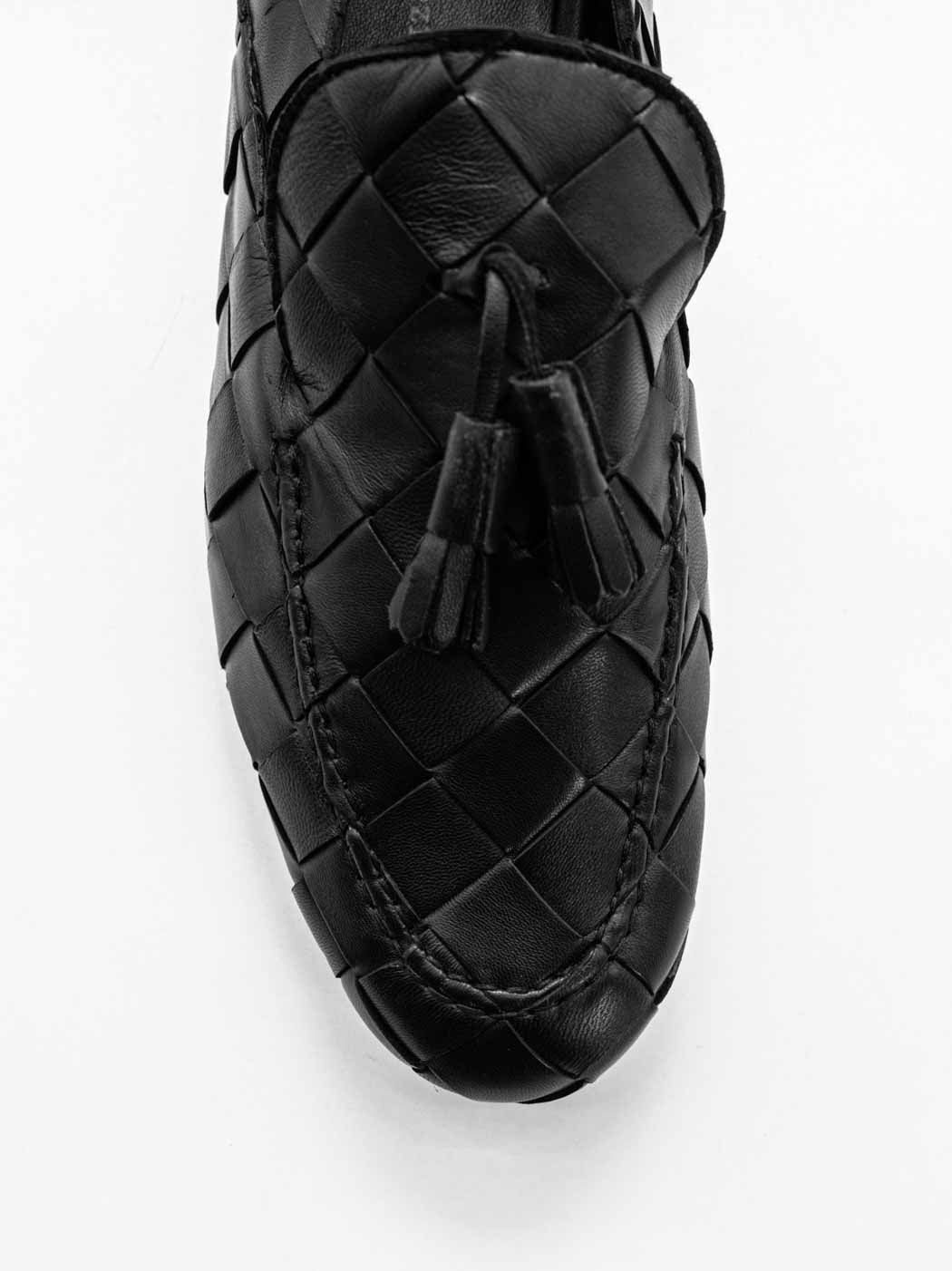 Aidan Black Woven Leather Loafers with Leather Tassel - Toe Close-up View - POEVE Collection