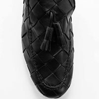 Aidan Black Woven Leather Loafers with Leather Tassel - Toe Close-up View - POEVE Collection