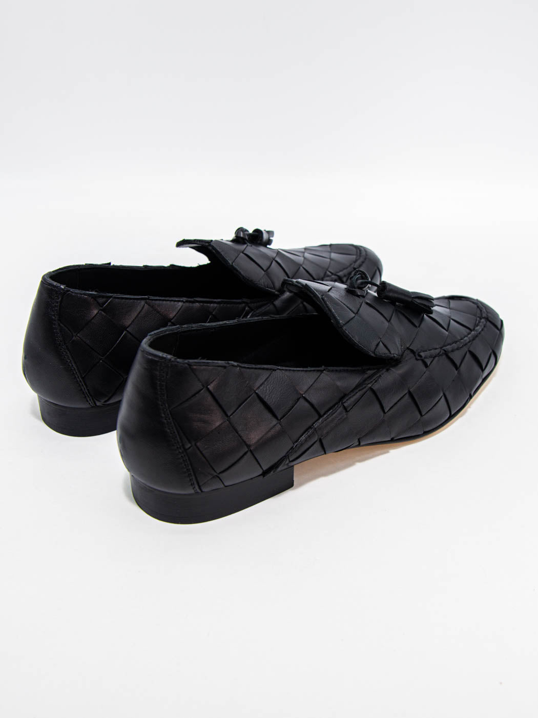 Aidan Black Woven Leather Loafers with Leather Tassel - Back View - POEVE Collection