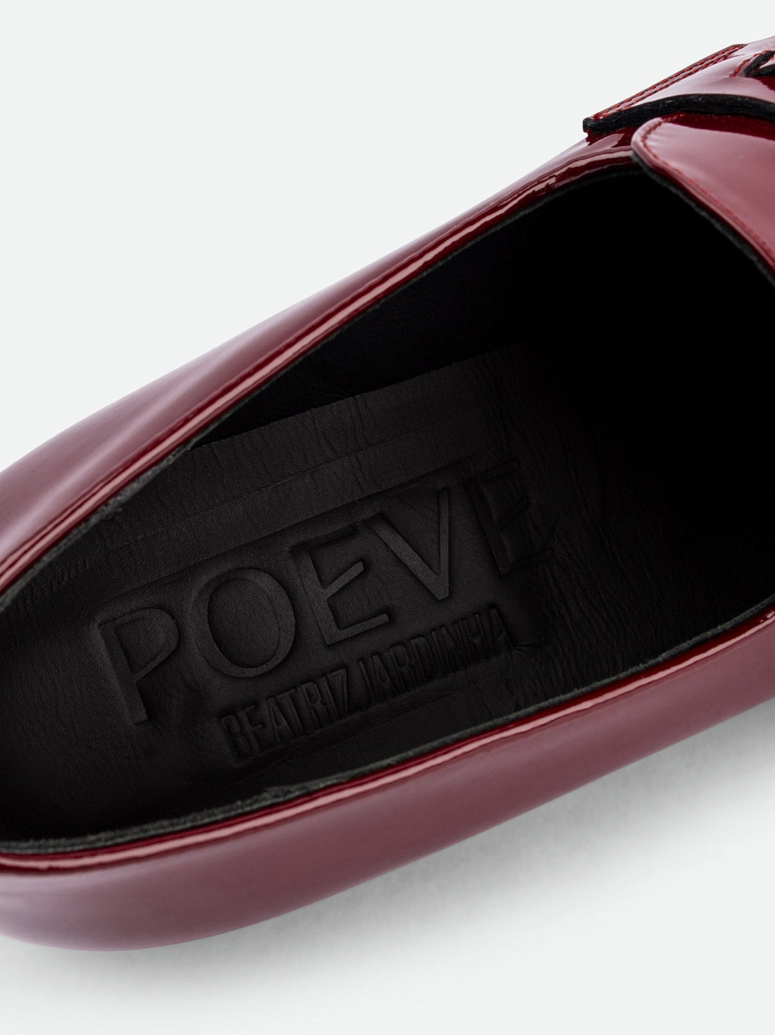 Paloma Cherry Patent Leather Platform Loafers - Insole Close-up View - POEVE Collection