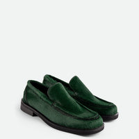 Dannie Green Cavallino Leather Loafers – Angled View – POEVE Collection