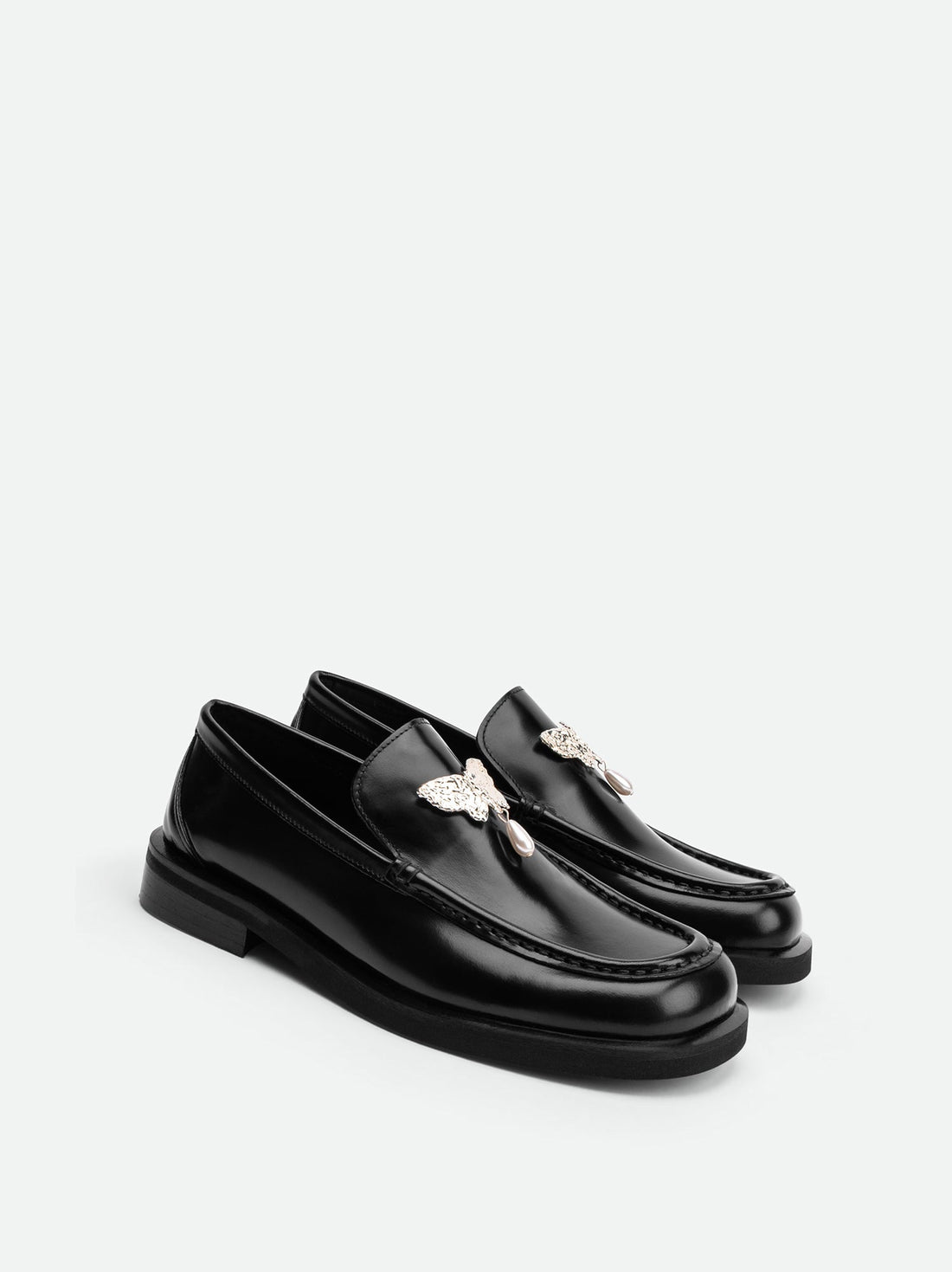 Gloria Black Brushed Leather Loafers - Angled Side View - POEVE x Beatriz Jardinha Collection