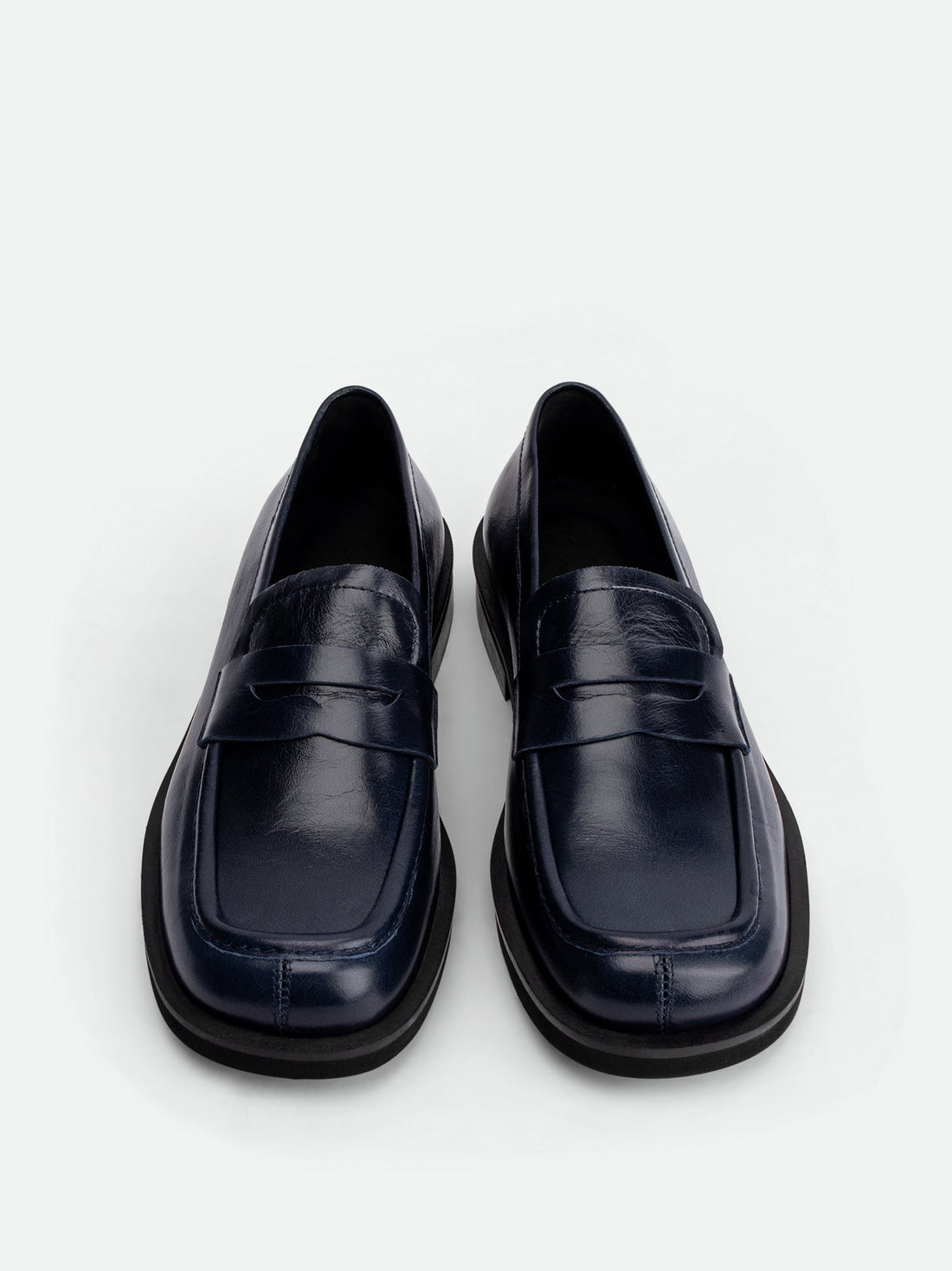 Senna Navy Blue High-Gloss Crinkled Leather Loafers – Top View – POEVE Collection