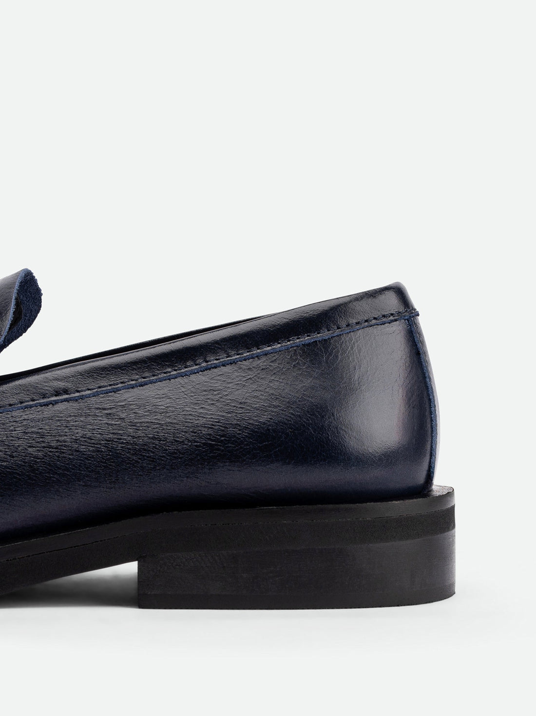 Senna Navy Blue High-Gloss Crinkled Leather Loafers – Back View – POEVE Collection