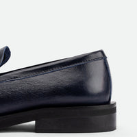 Senna Navy Blue High-Gloss Crinkled Leather Loafers – Back View – POEVE Collection