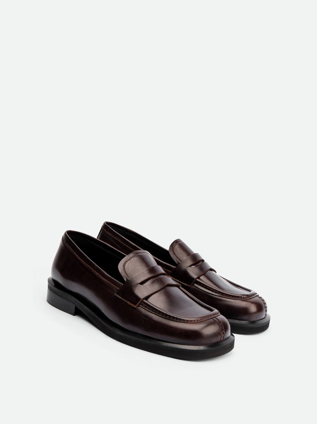 Senna Dark Brown High-Gloss Crinkled Leather Loafers – Angled View – POEVE Collection
