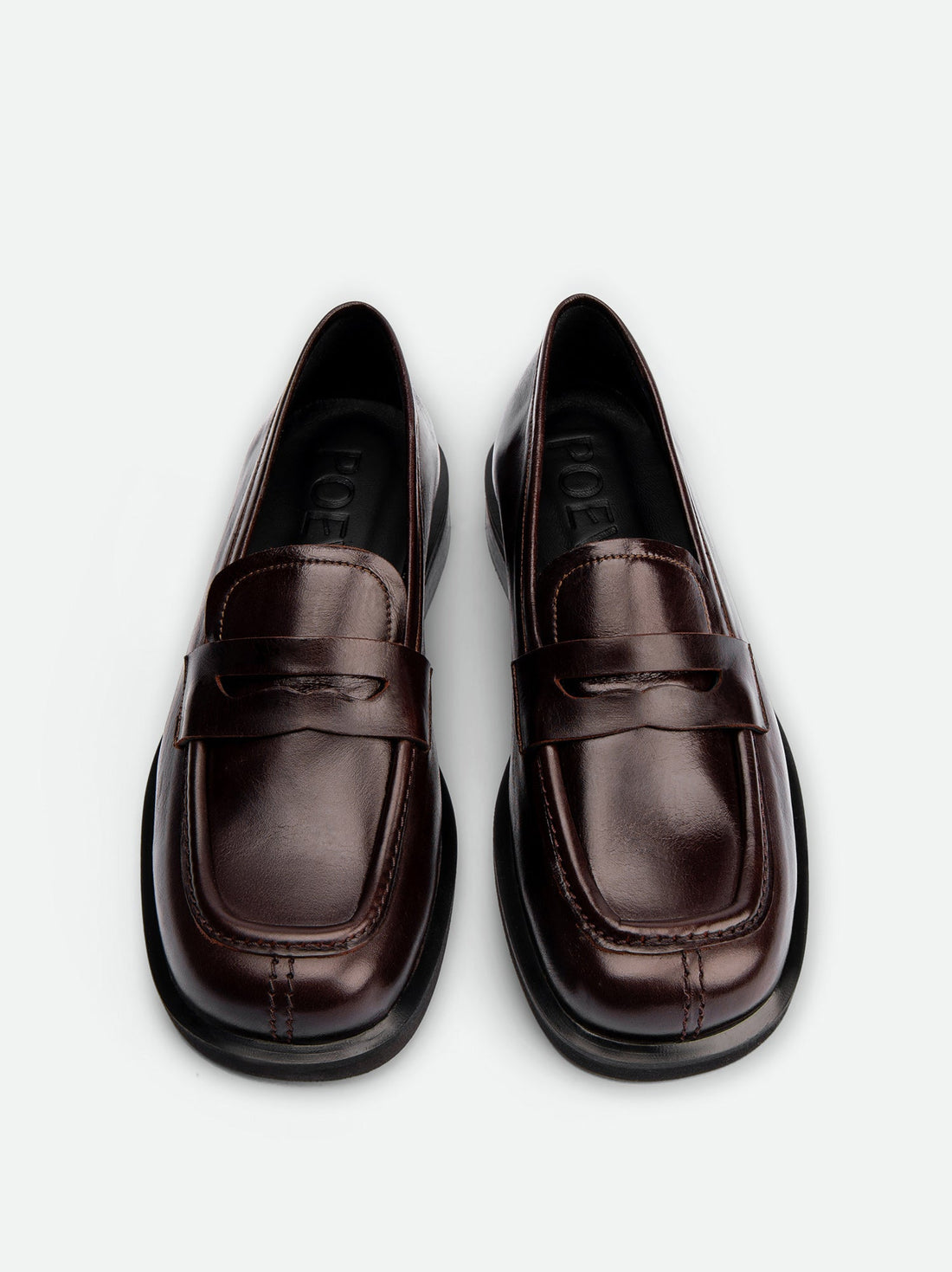 Senna Dark Brown High-Gloss Crinkled Leather Loafers – Top View – POEVE Collection