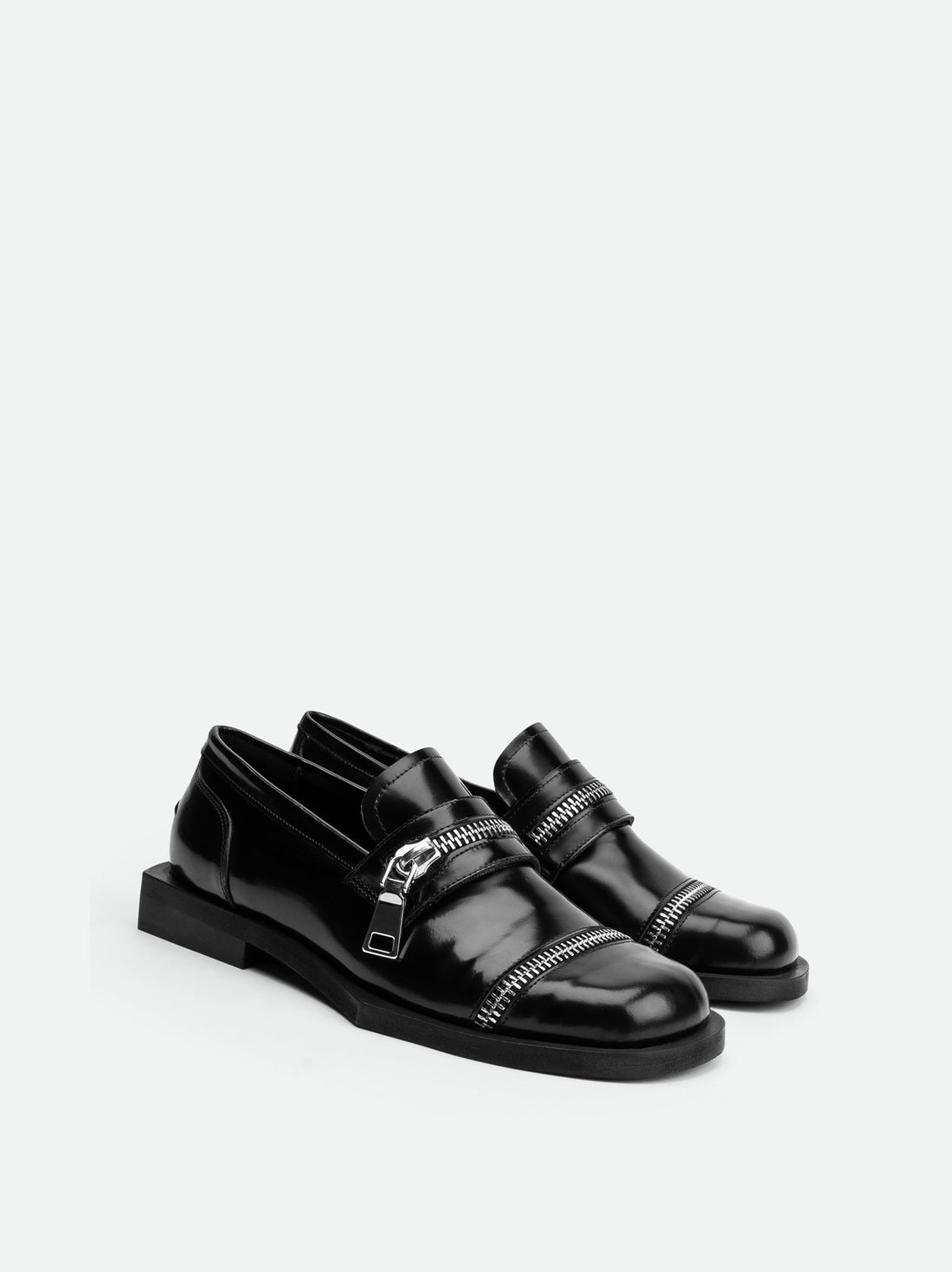 Ayko Black Brushed Leather Loafers with Metal Zipper- Angled Side View - POEVE Collection