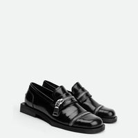 Ayko Black Brushed Leather Loafers with Metal Zipper- Angled Side View - POEVE Collection