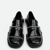 Ayko Black Brushed Leather Loafers with Metal Zipper- Top View - POEVE Collection