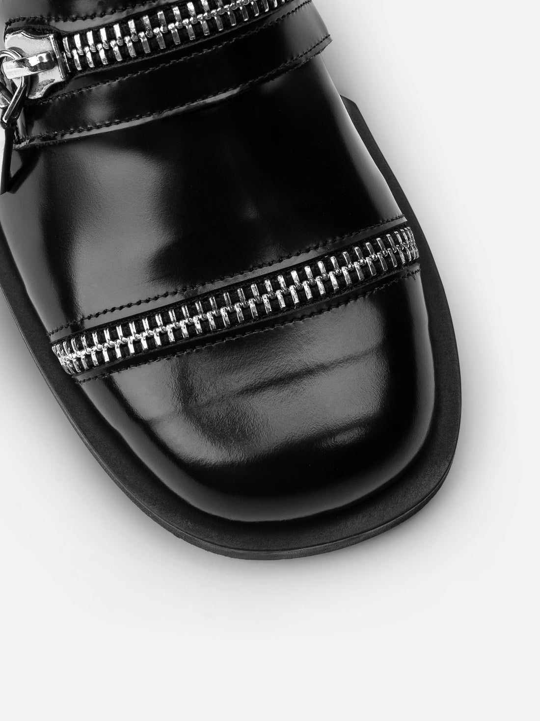 Ayko Black Brushed Leather Loafers with Metal Zipper- Toe Close-up View - POEVE Collection