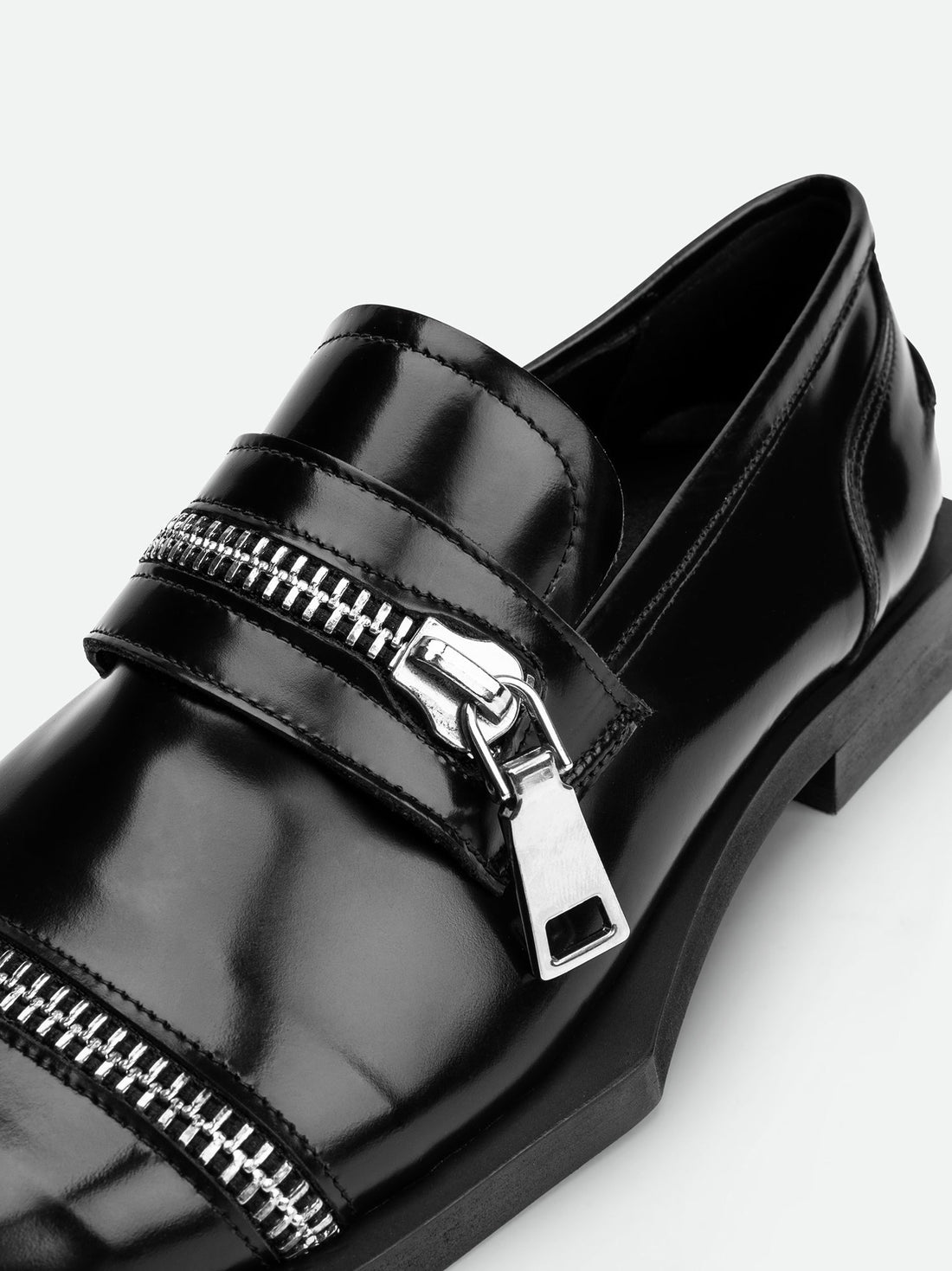 Ayko Black Brushed Leather Loafers with Metal Zipper- Side Close-up View - POEVE Collection