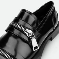 Ayko Black Brushed Leather Loafers with Metal Zipper- Side Close-up View - POEVE Collection
