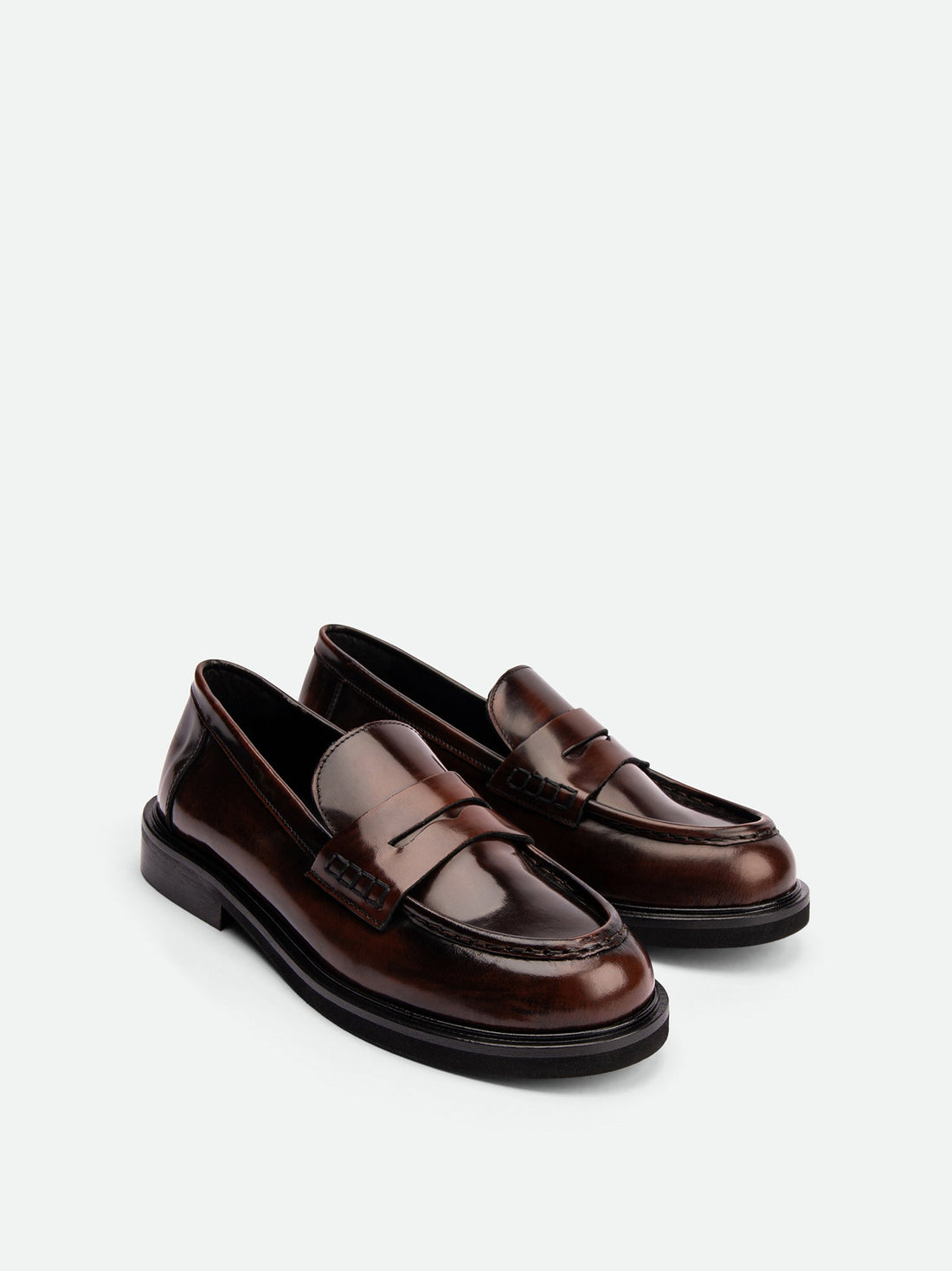 Ahri Brown Brushed Leather Penny Loafer – Angled View – POEVE Collection