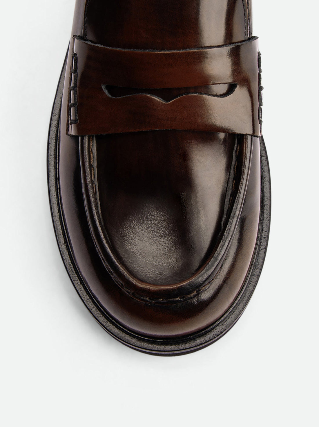 Ahri Brown Brushed Leather Penny Loafer – Toe Close-Up View – POEVE Collection