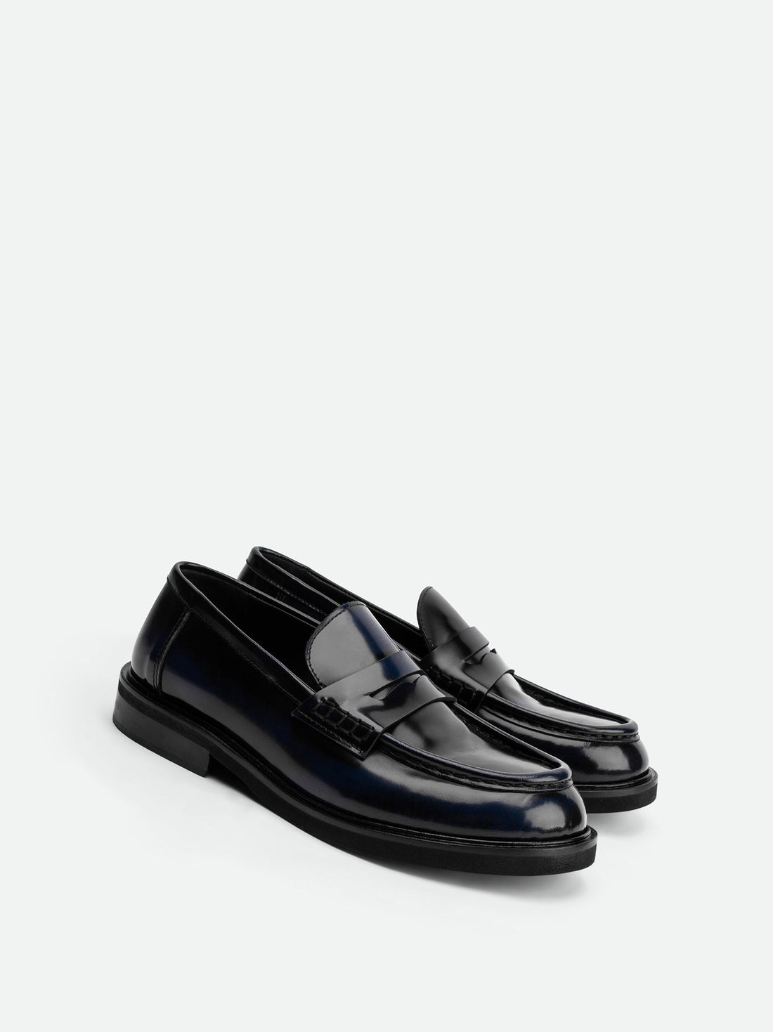 Ahri Blue Brushed Leather Penny Loafer – Angled View – POEVE Collection
