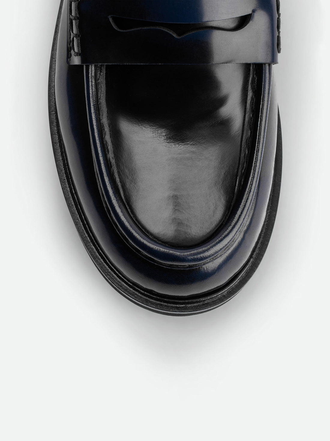 Ahri Blue Brushed Leather Penny Loafer – Toe Close-Up View – POEVE Collection