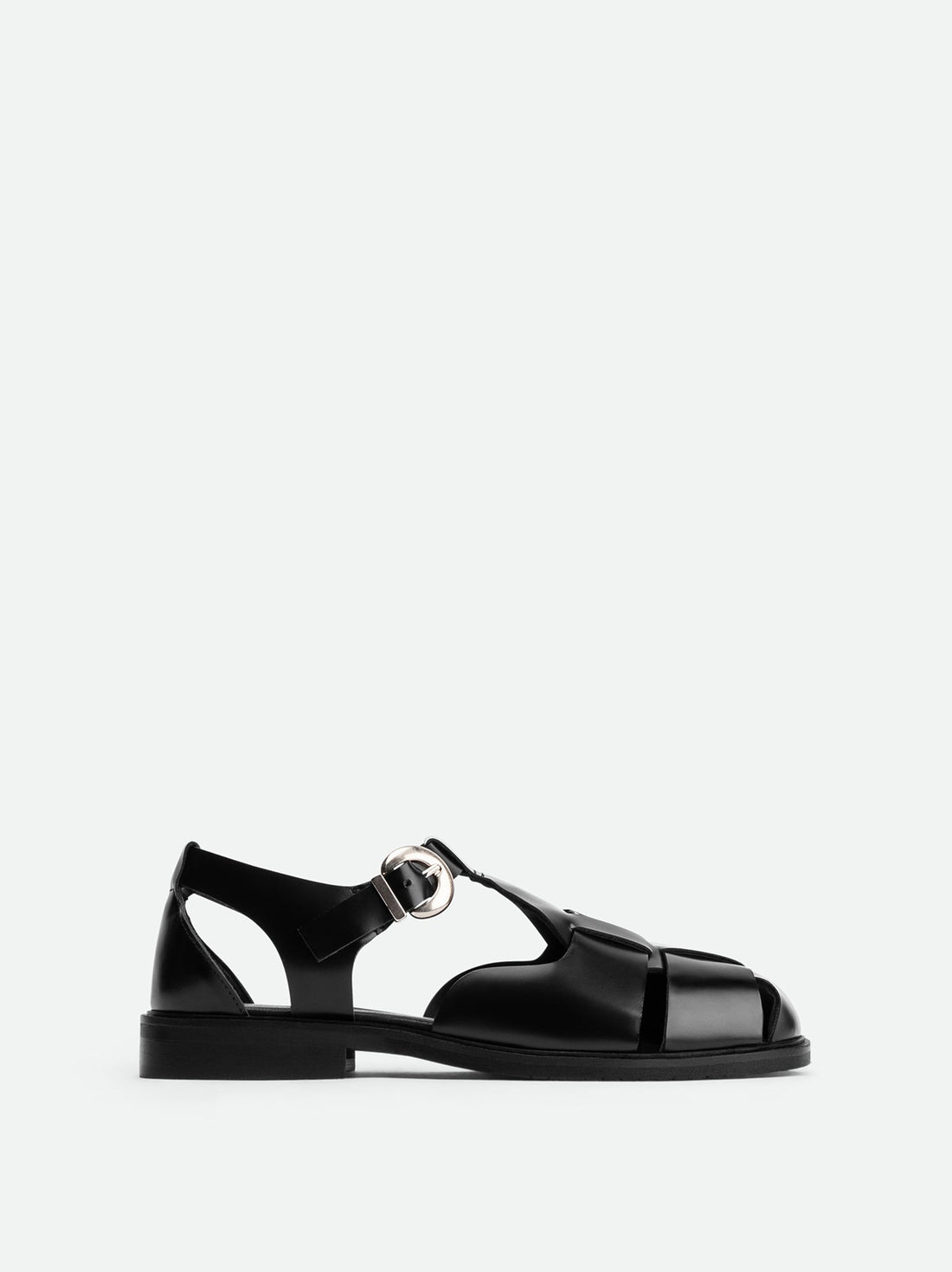 Raven Black Brushed Leather Fisherman Sandals - Side View - POEVE Collection