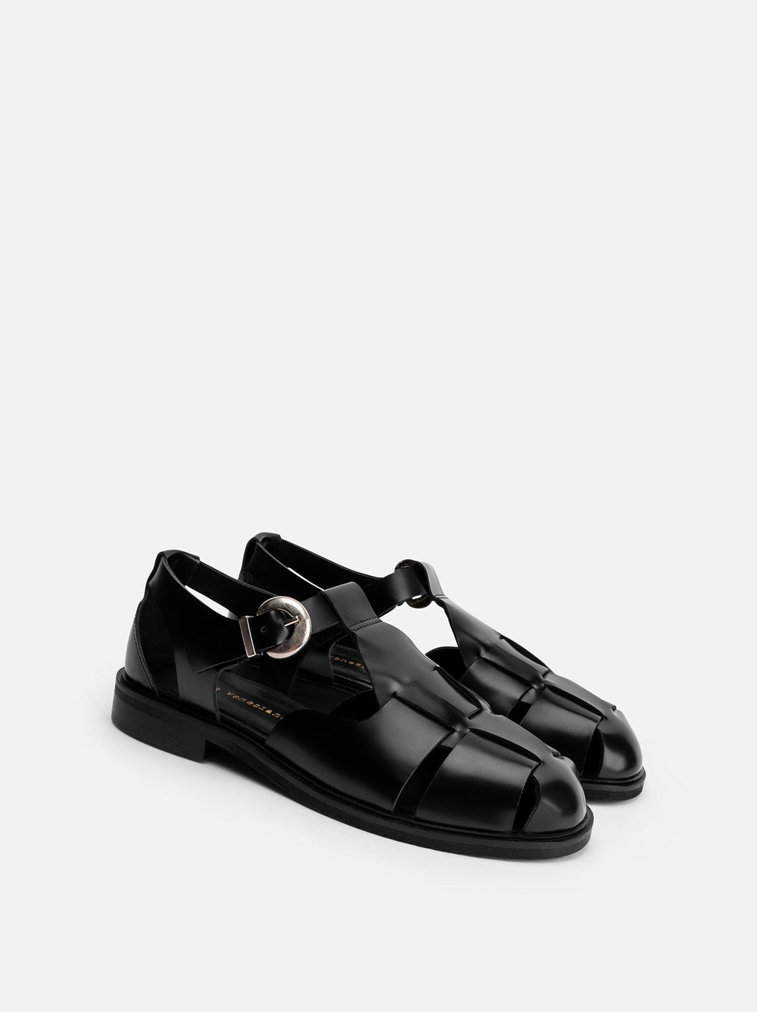 Raven Black Brushed Leather Fisherman Sandals - Angled Side View - POEVE Collection