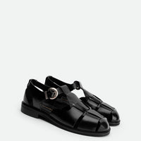 Raven Black Brushed Leather Fisherman Sandals - Angled Side View - POEVE Collection