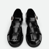 Raven Black Brushed Leather Fisherman Sandals - Top View - POEVE Collection