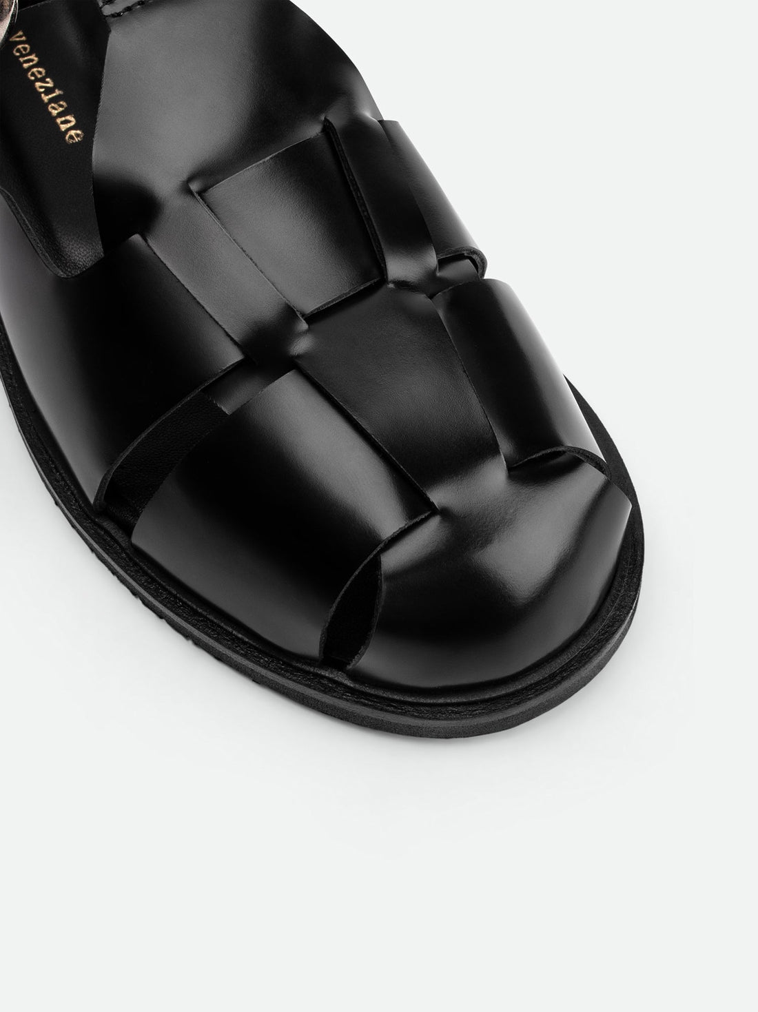 Raven Black Brushed Leather Fisherman Sandals - Toe Close-up View - POEVE Collection