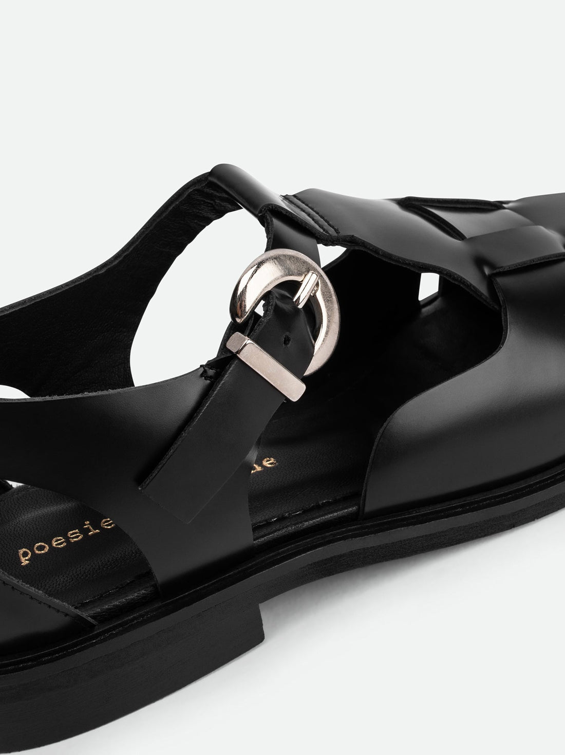 Raven Black Brushed Leather Fisherman Sandals - Buckle Close-up View - POEVE Collection