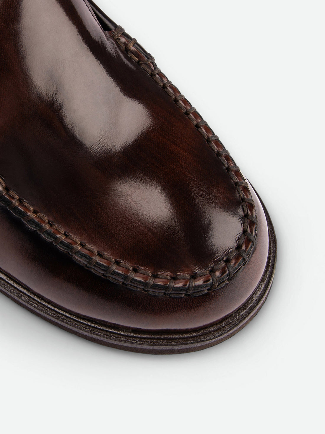 Alix Cognac Brushed Leather Slingback Loafers - Toe Close-up View - POEVE Collection