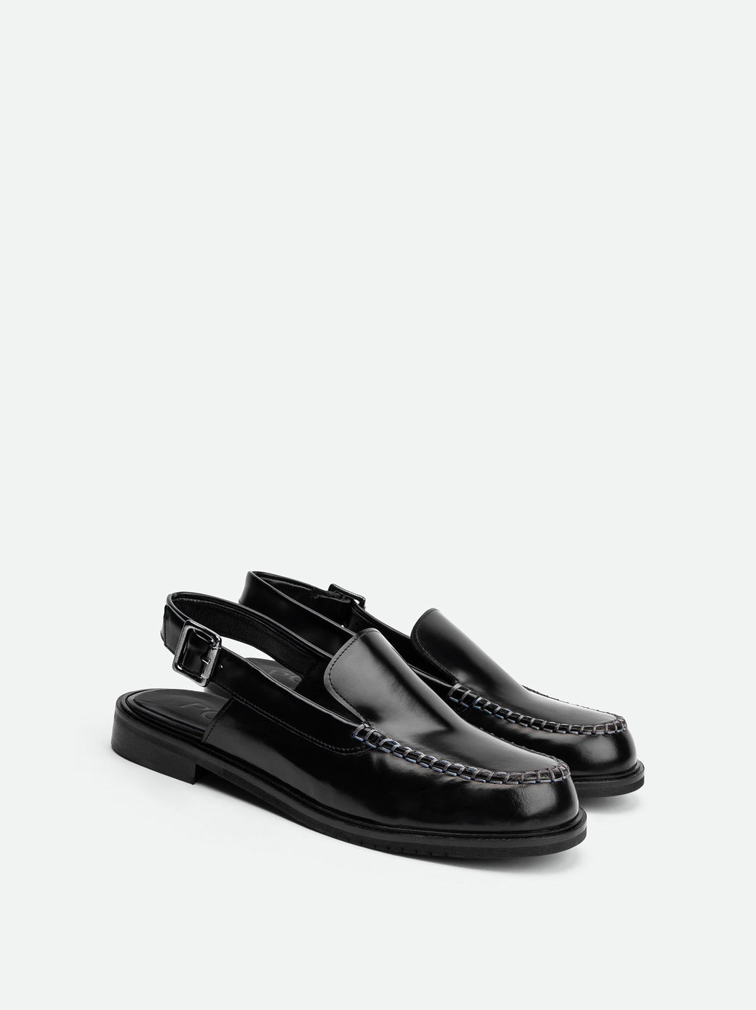 Alix Black Brushed Leather Slingback Loafers - Angled Side View - POEVE Collection